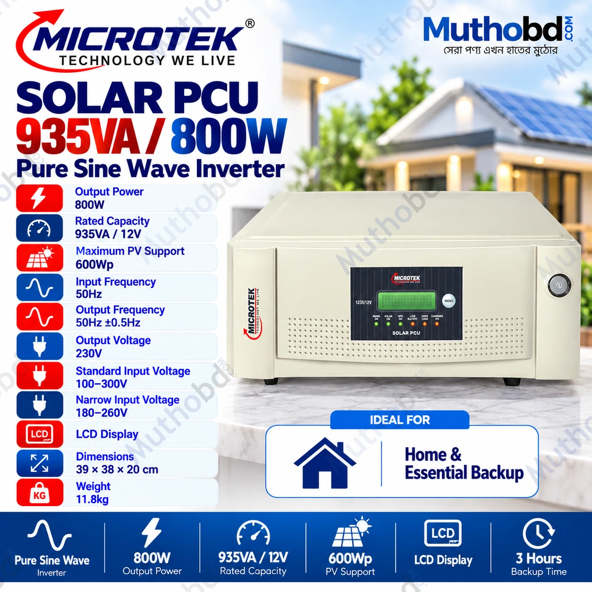 Microtek 1235 12V Solar PCU Inverter – 935VA 800W Pure Sine Wave