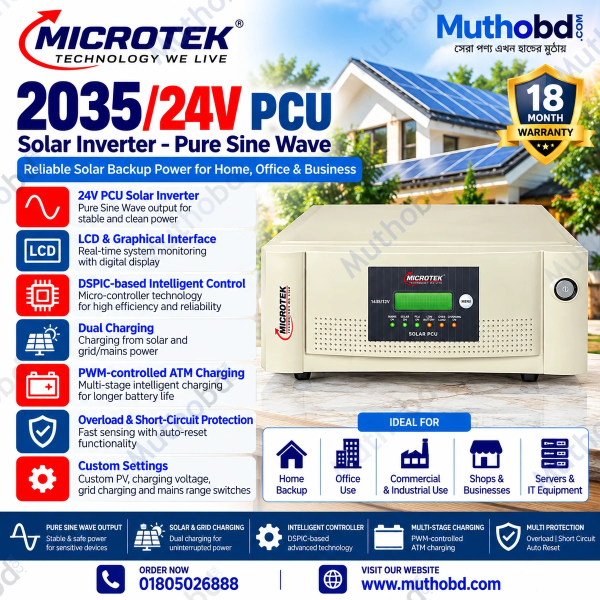 Microtek 2035/24V PCU Solar Inverter – Pure Sine Wave with Digital Display