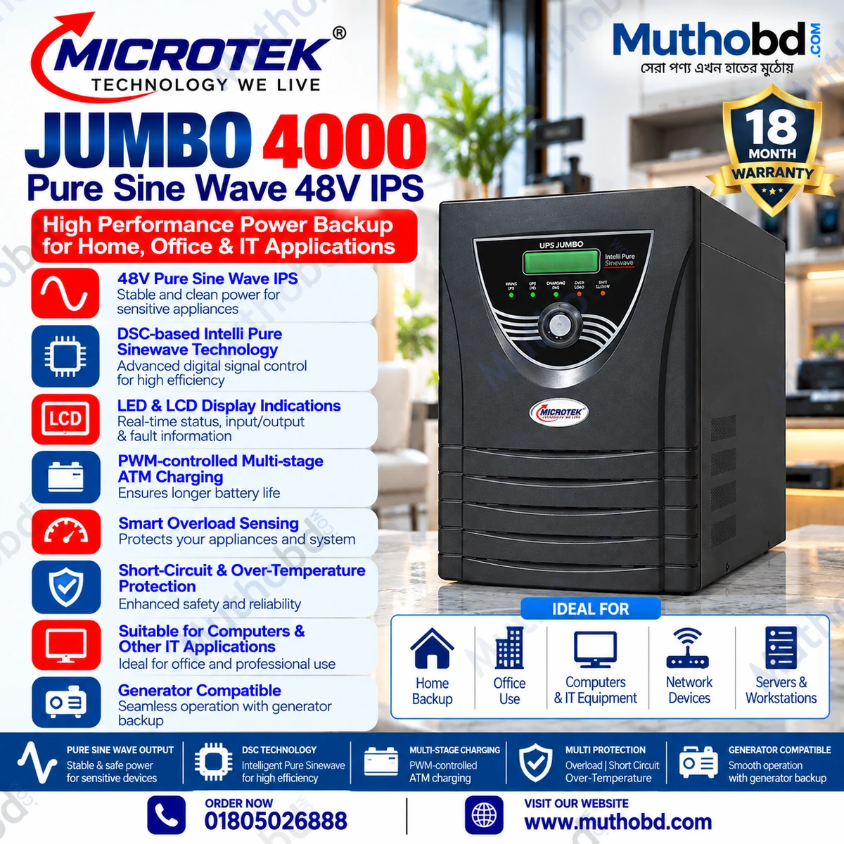 Microtek Jumbo 4000 Pure Sine Wave 48V IPS with Digital Display