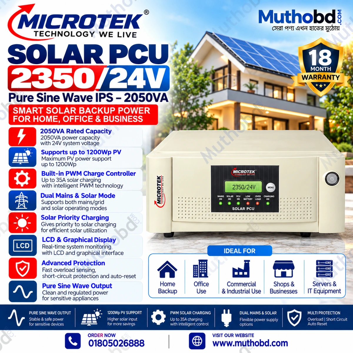 Microtek Solar PCU 2350/24V Pure Sine Wave IPS – 2050VA