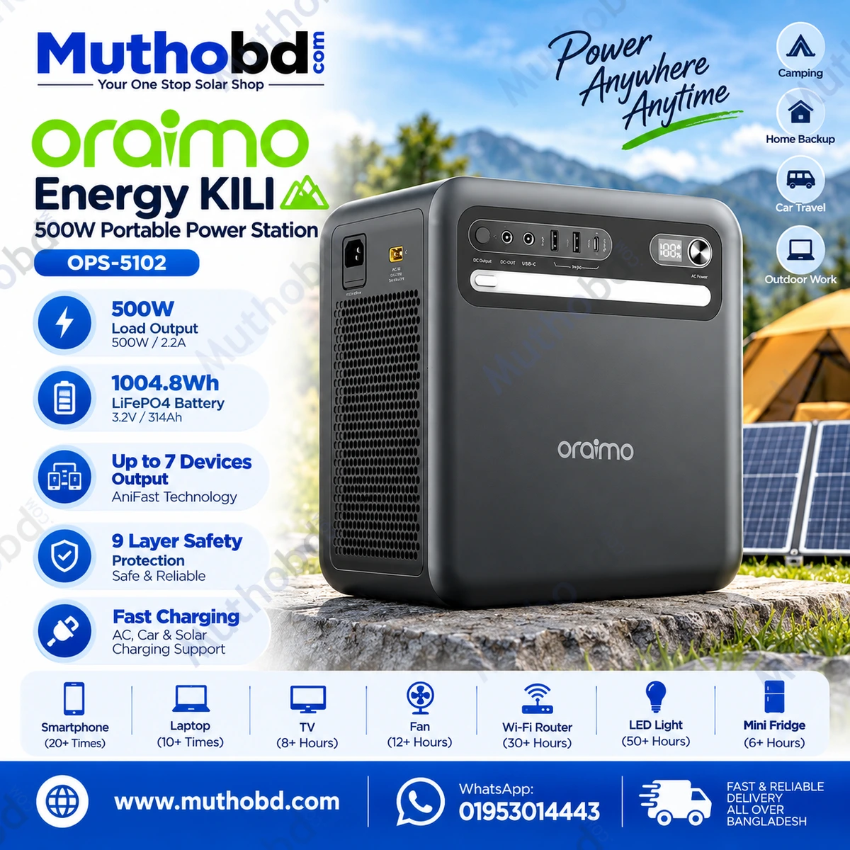oraimo Oraimo Energy KILI 500W Portable Power Station OPS-5102 1004.8Wh LiFePO4 Battery