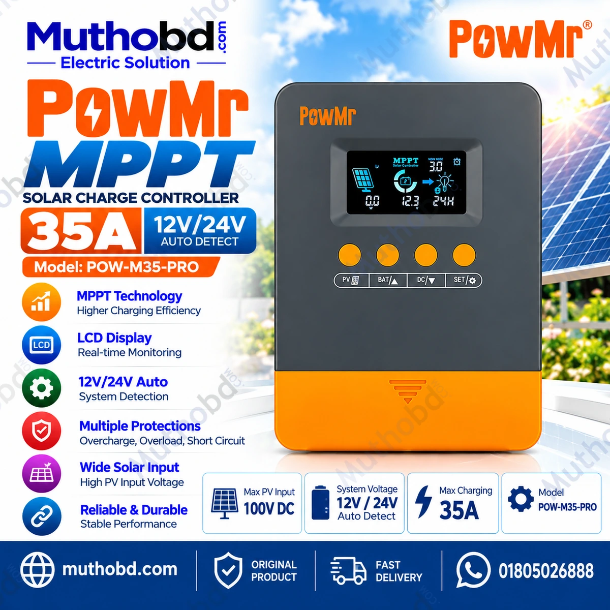PowMr 35A MPPT Solar Charge Controller 12V/24V with LCD Display