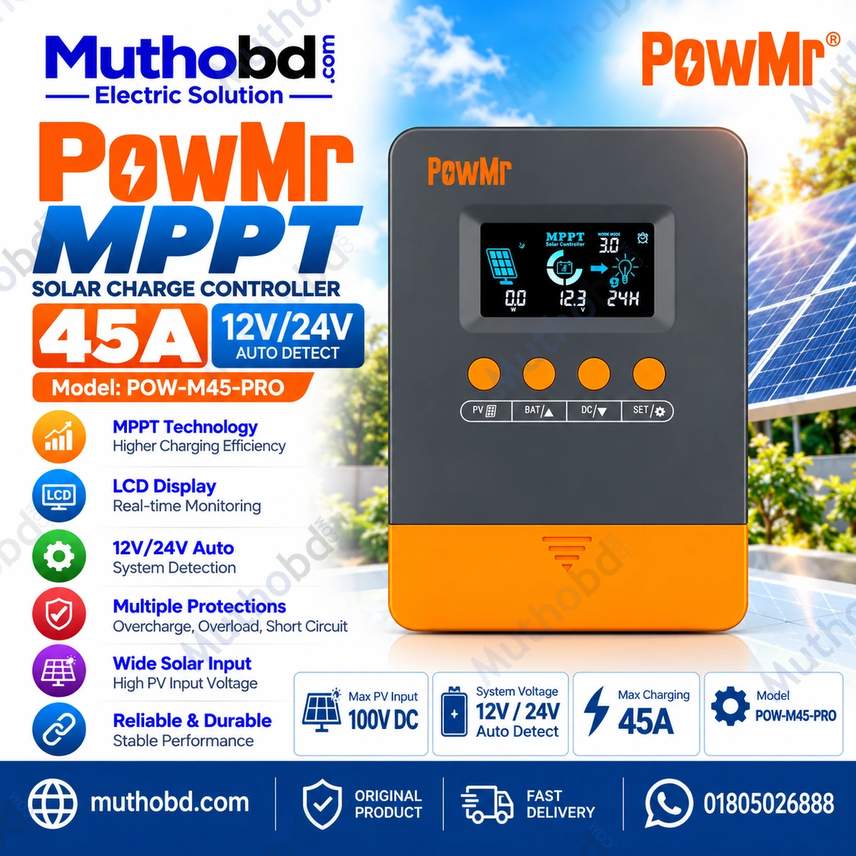 PowMr 45A MPPT Solar Charge Controller 12V/24V with LCD Display