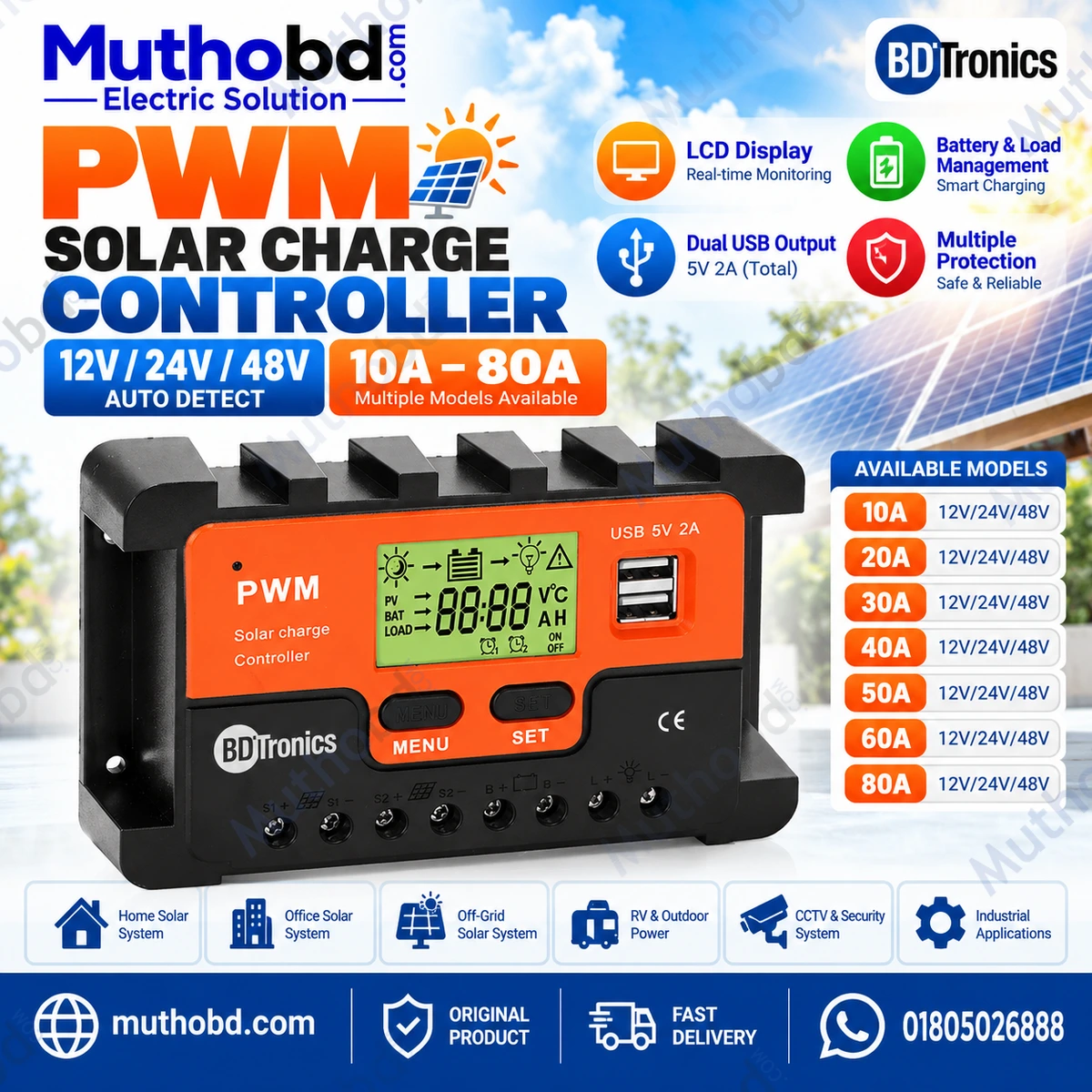 PWM Solar Charge Controller 12V/24V/48V with LCD Dual USB, 10A–80A