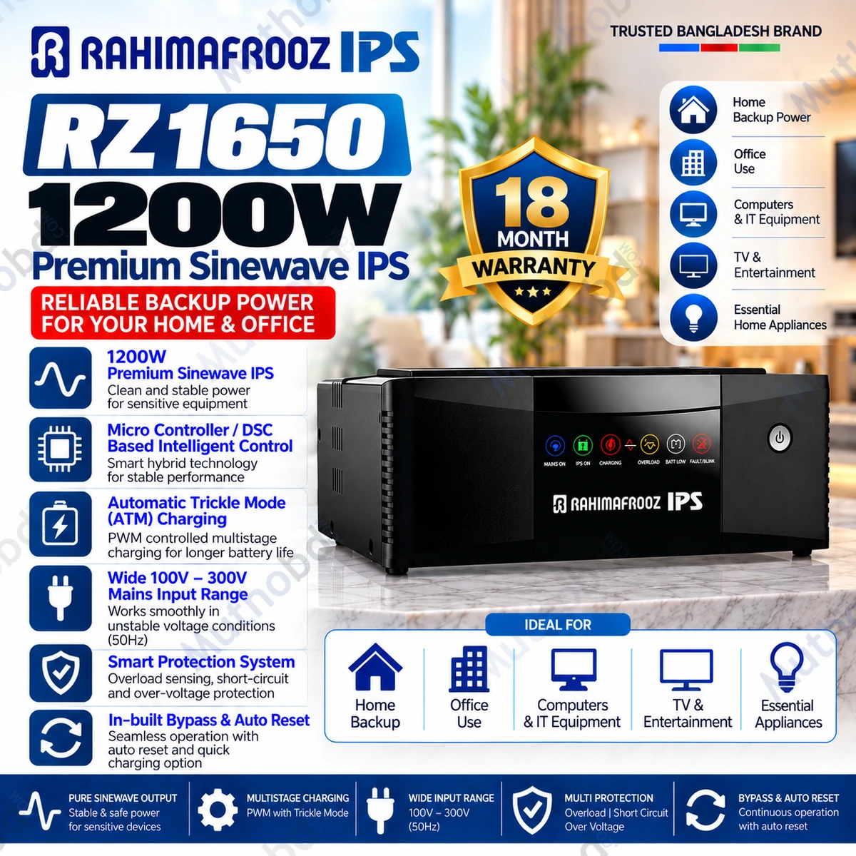 Rahimafrooz RZ 1650 1200W Premium Sinewave IPS