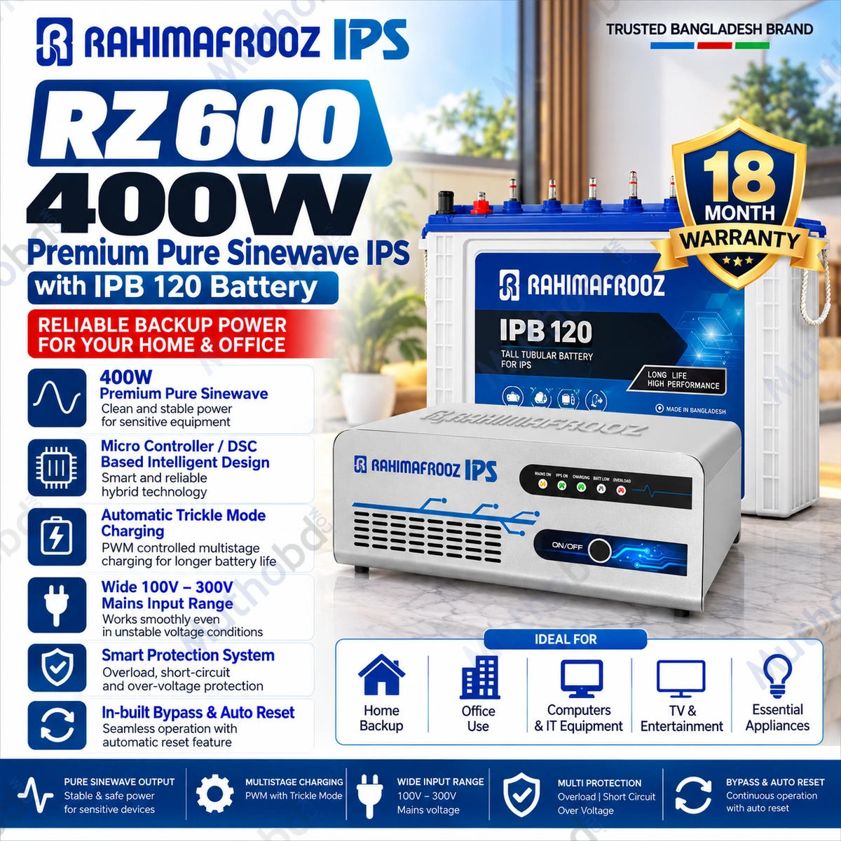 Rahimafrooz RZ 600 400W Premium Pure Sinewave IPS with IPB 120 Battery