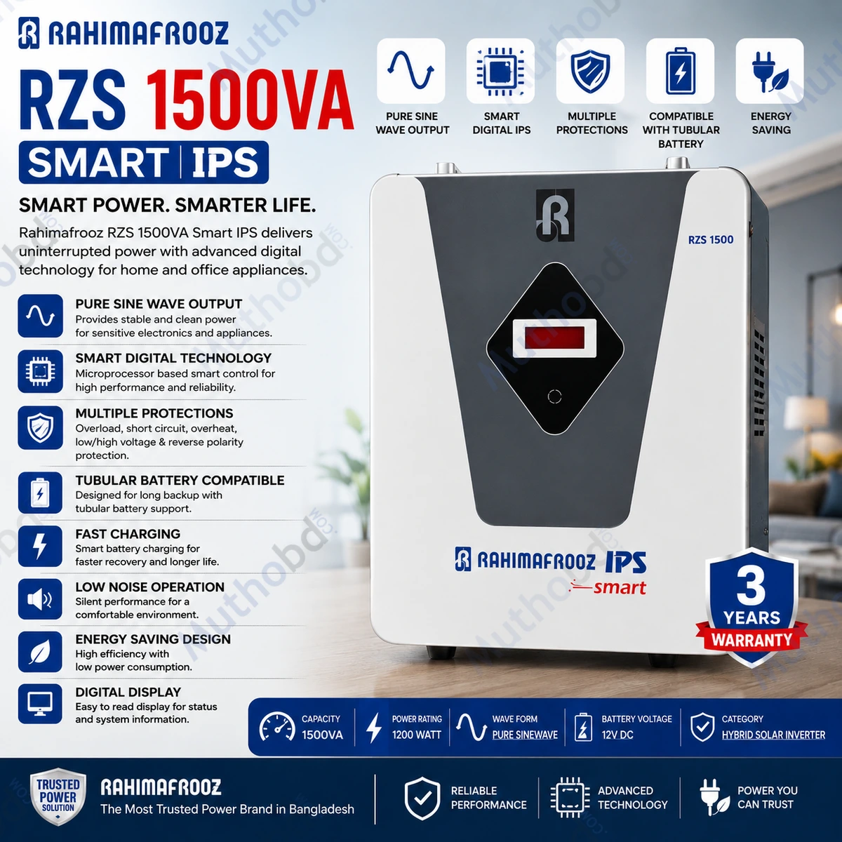 Rahimafrooz RZS 1500VA Smart IPS Pure Sine Wave Hybrid Solar Inverter (1200W)