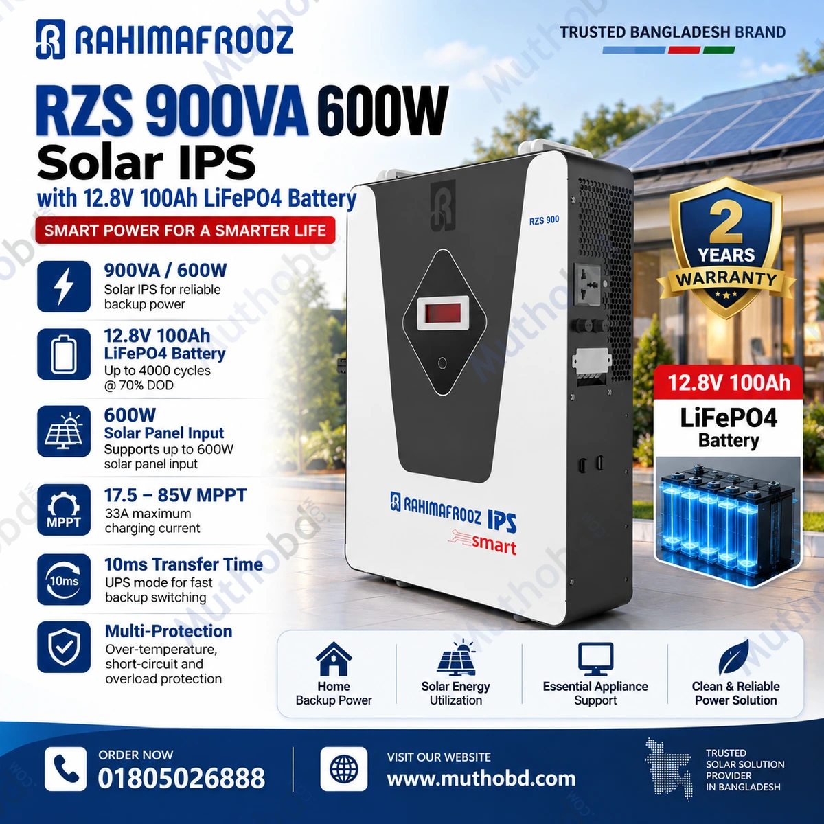 rahimafrooz Rahimafrooz RZS 900VA 600W Solar IPS with 12.8V 100Ah LiFePO4 Battery