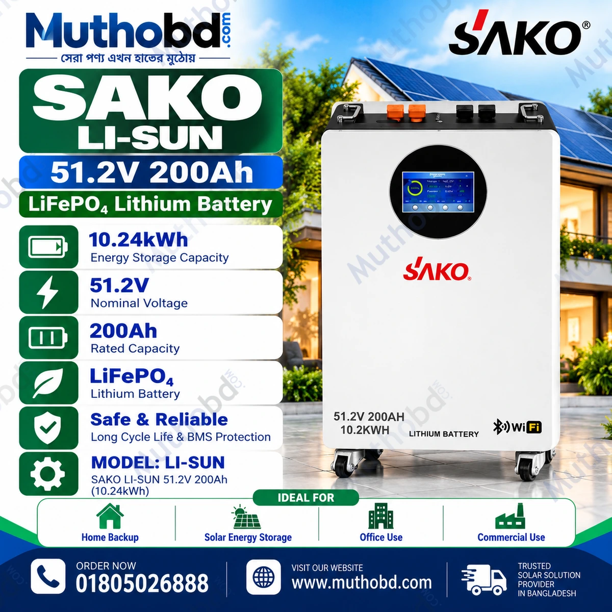 SAKO LI-SUN 51.2V 200Ah LiFePO₄ Lithium Battery – 10.24kWh