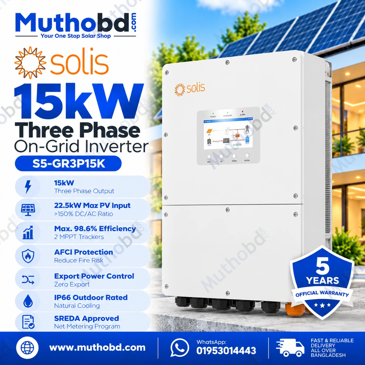 Solis S5-GR3P15K 15kW Three Phase On-Grid Solar Inverter with Dual MPPT