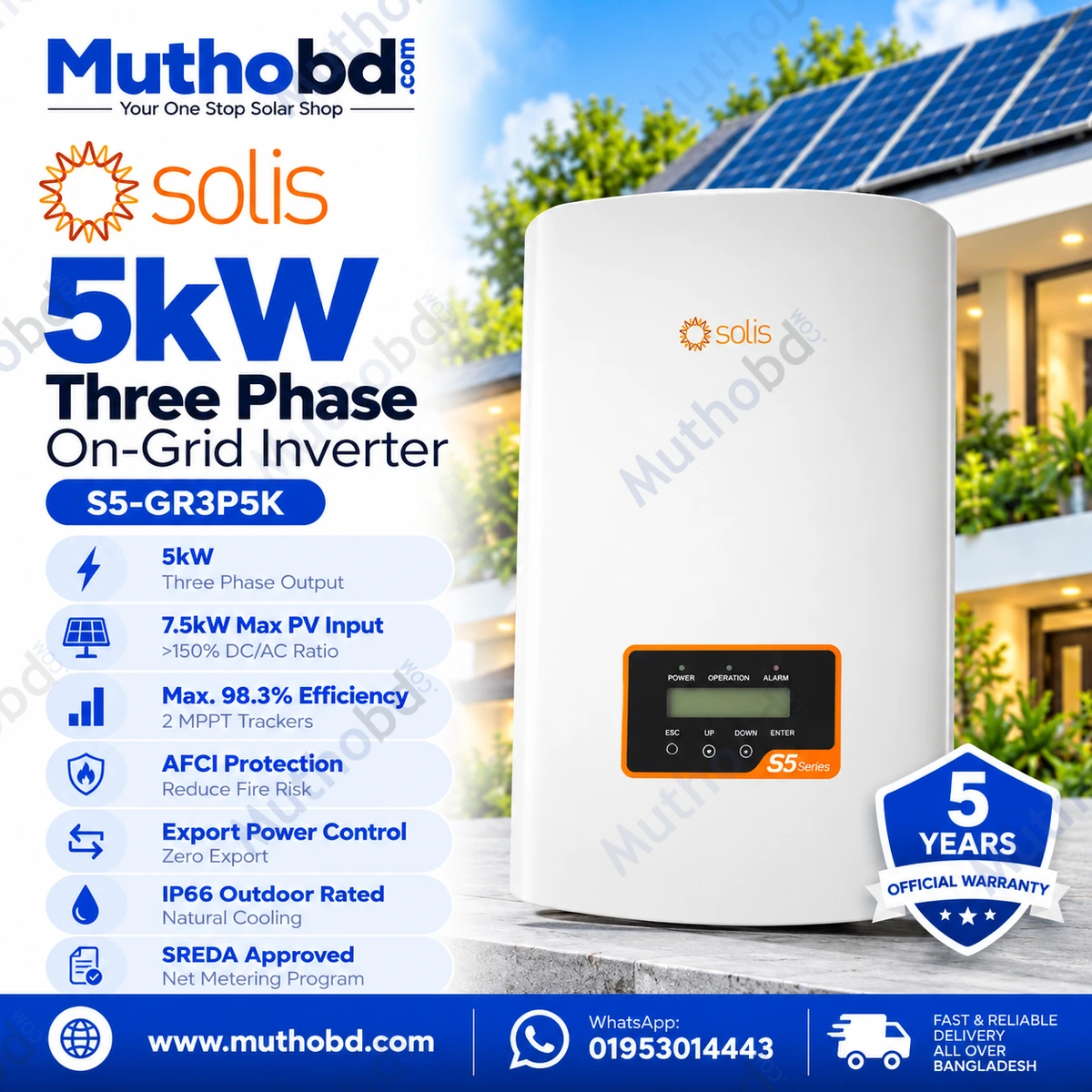 Solis S5-GR3P5K 5kW Three Phase On-Grid Solar Inverter with Dual MPPT