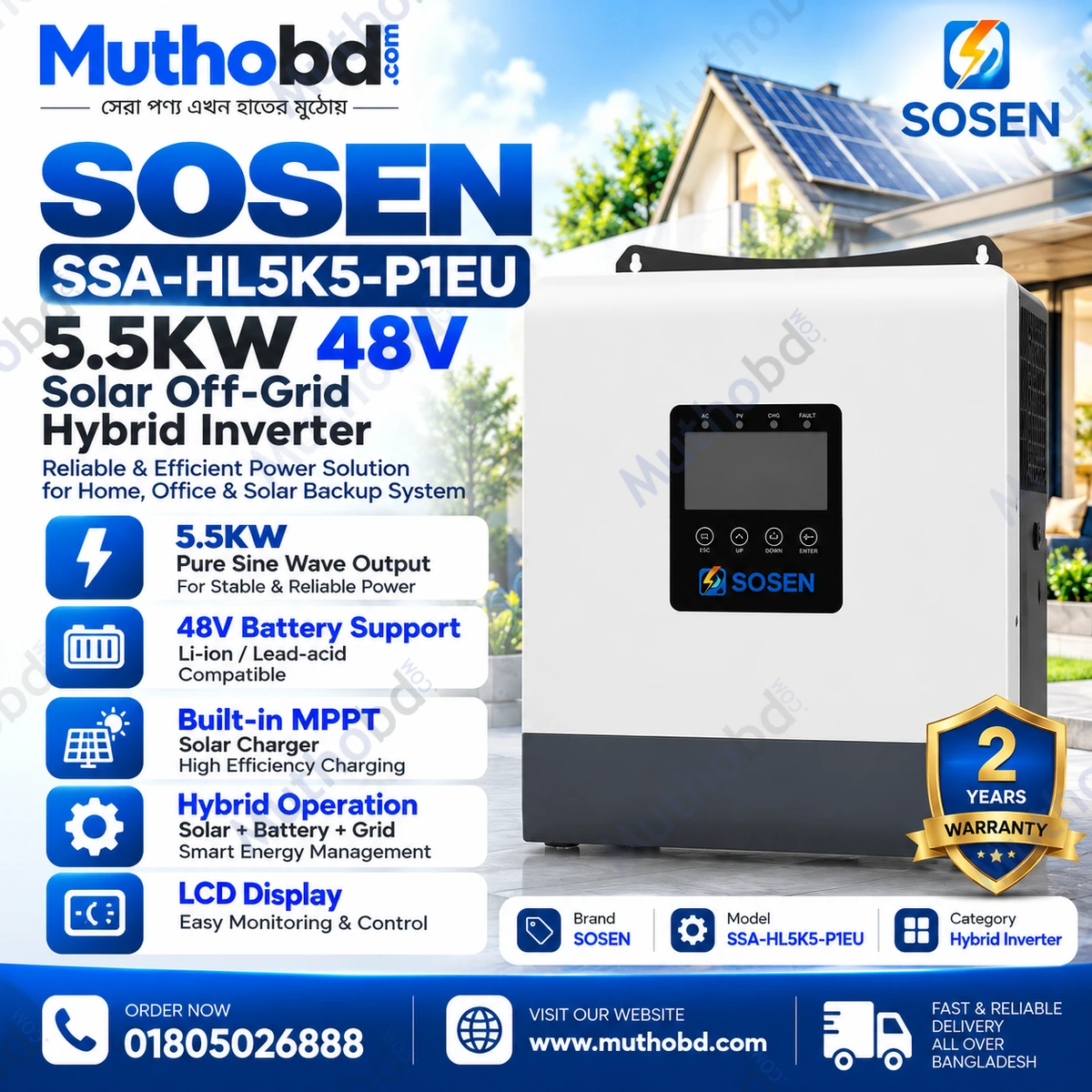SOSEN SSA-HL5K5-P1EU 5.5kW 48V Solar Off-Grid Hybrid Inverter – 6000W PV Input, Wi-Fi Monitoring