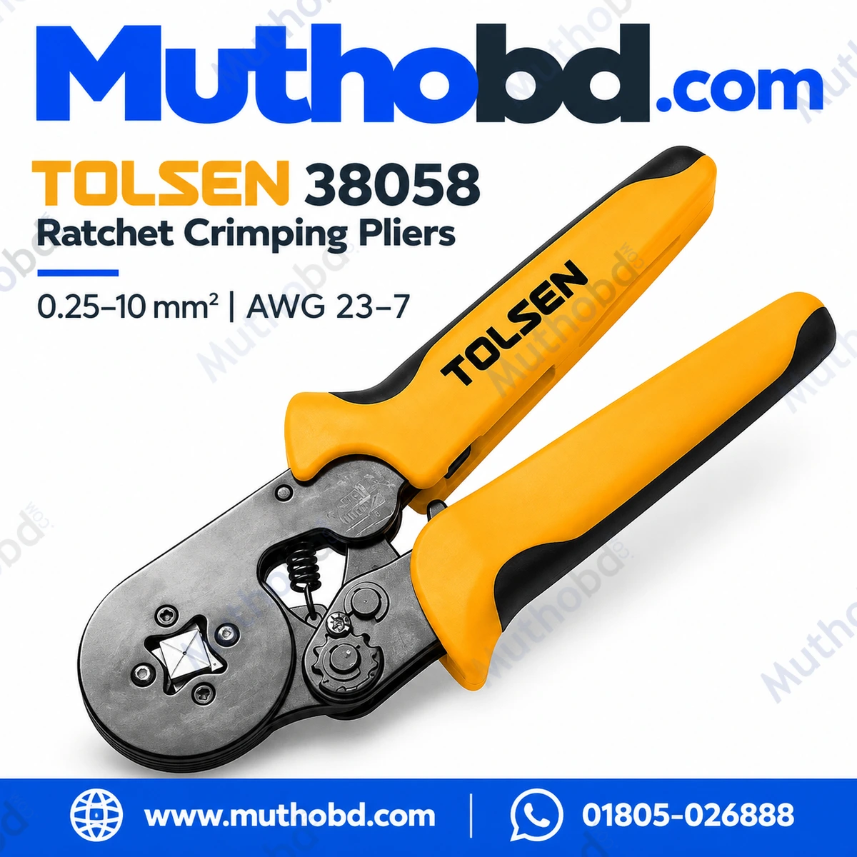 TOLSEN 38058 Ratchet Crimping Pliers, 0.25-10 mm² (AWG 23-7), Self-Adjustable Pressure, ABS Ergonomic Handle | Model: 38058 TOLSEN 38058 Ratchet Crimping Pliers, 0.25-10 mm² (AWG 23-7), Self-Adjustable Pressure, ABS Ergonomic Handle | Model: 38058