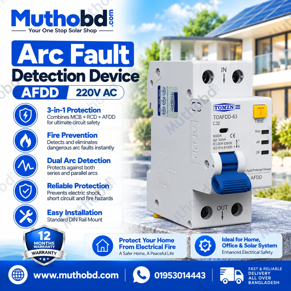 TOMZN AFDD Arc Fault Detection Device 220V AC 3-in-1 Circuit Protection