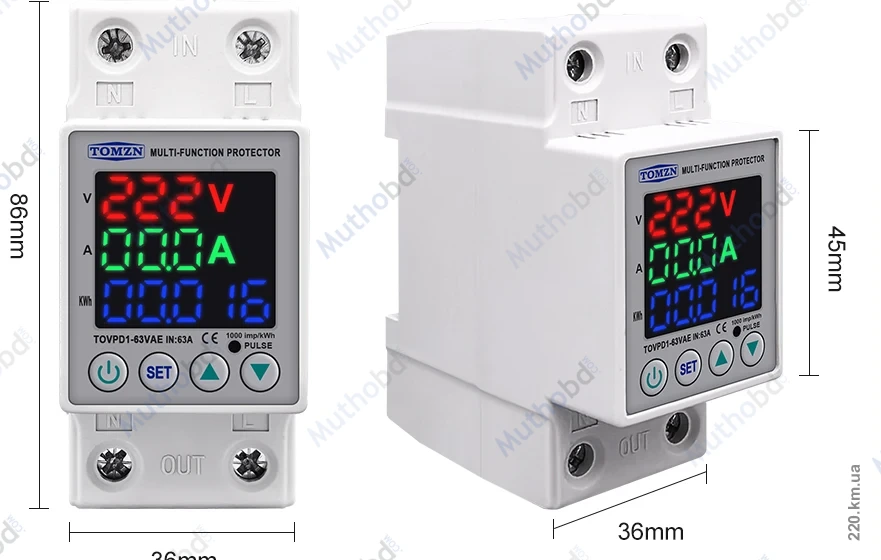 TOMZN TOVPD1-63VAE Adjustable Voltage Protector with Energy Meter 230V 63A detail 1