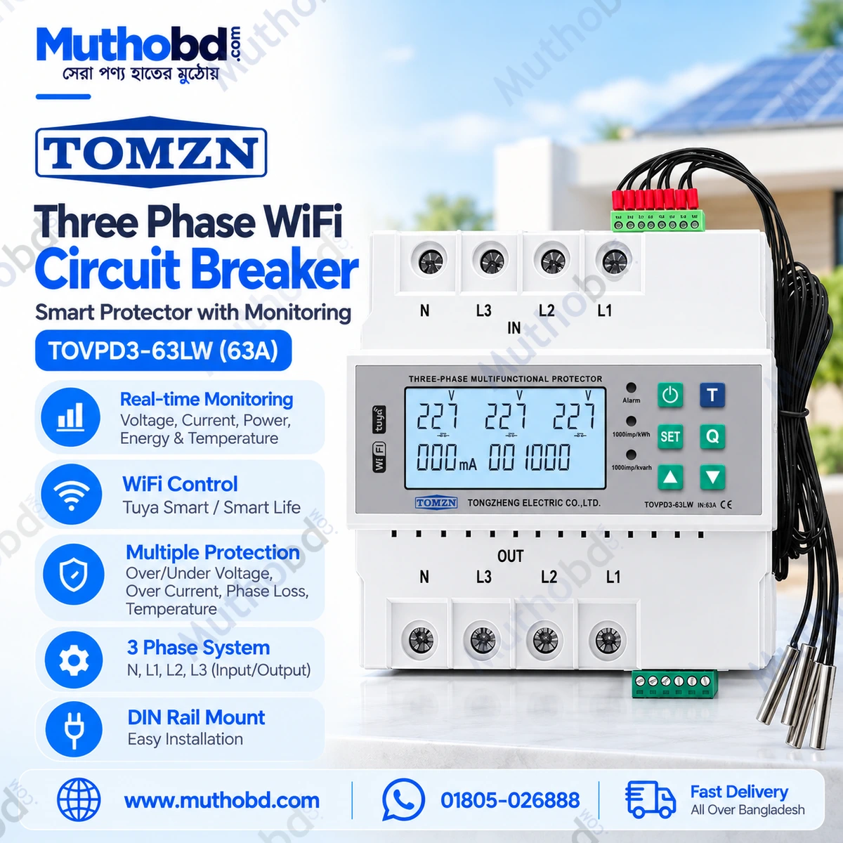 TOMZN TOVPD3-63LW 63A Three Phase WiFi Smart Circuit Breaker with Voltage, Current, Power, Energy & Temperature Monitoring TOMZN TOVPD3-63LW 63A Three Phase WiFi Smart Circuit Breaker with Voltage, Current, Power, Energy & Temperature Monitoring