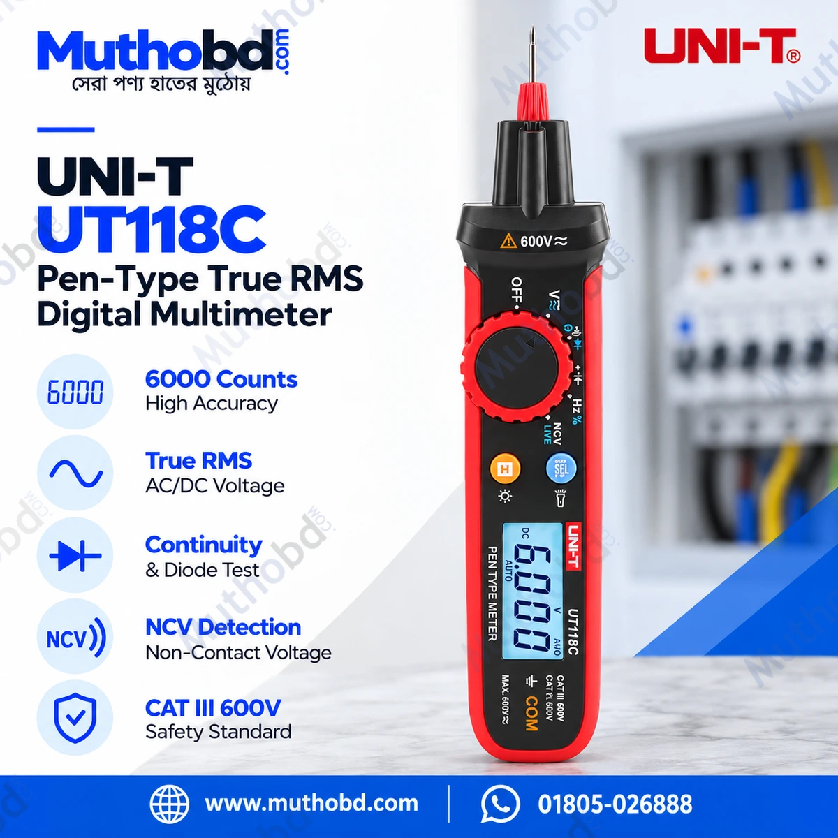 UNI-T UT118C Pen-Type True RMS Digital Multimeter | 6000 Counts | CAT III 600V | Compact Electrical Tester UNI-T UT118C Pen-Type True RMS Digital Multimeter | 6000 Counts | CAT III 600V | Compact Electrical Tester