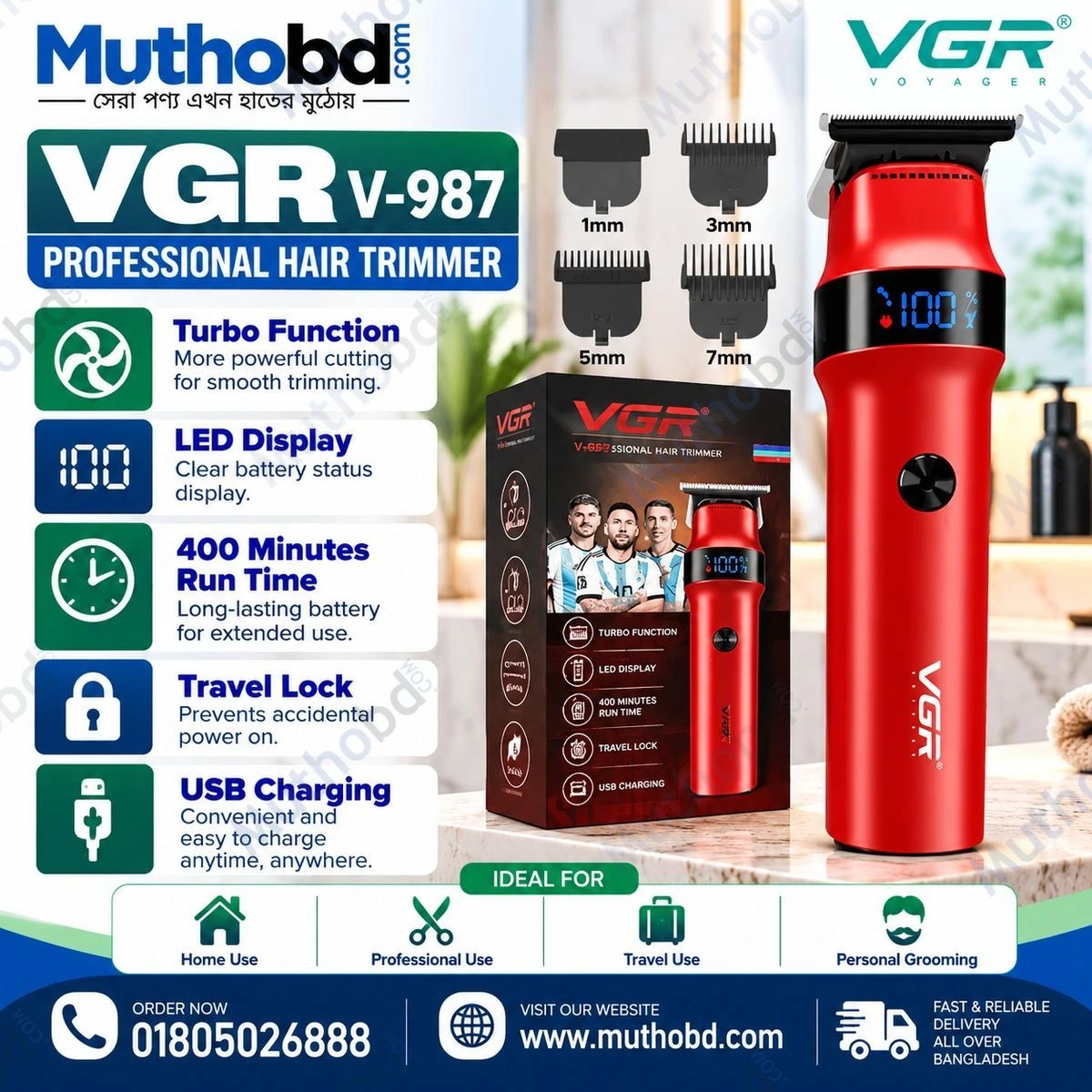 other VGR V-987 Professional Hair Trimmer with LED Display, 400 Minutes Runtime & USB Charging — image 2