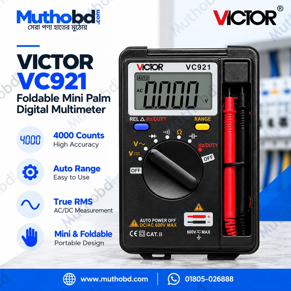 VICTOR VC921 Foldable Mini Palm Digital Multimeter | 4000 Counts | Auto Range | True RMS | Compact Electrical Tester VICTOR VC921 Foldable Mini Palm Digital Multimeter | 4000 Counts | Auto Range | True RMS | Compact Electrical Tester