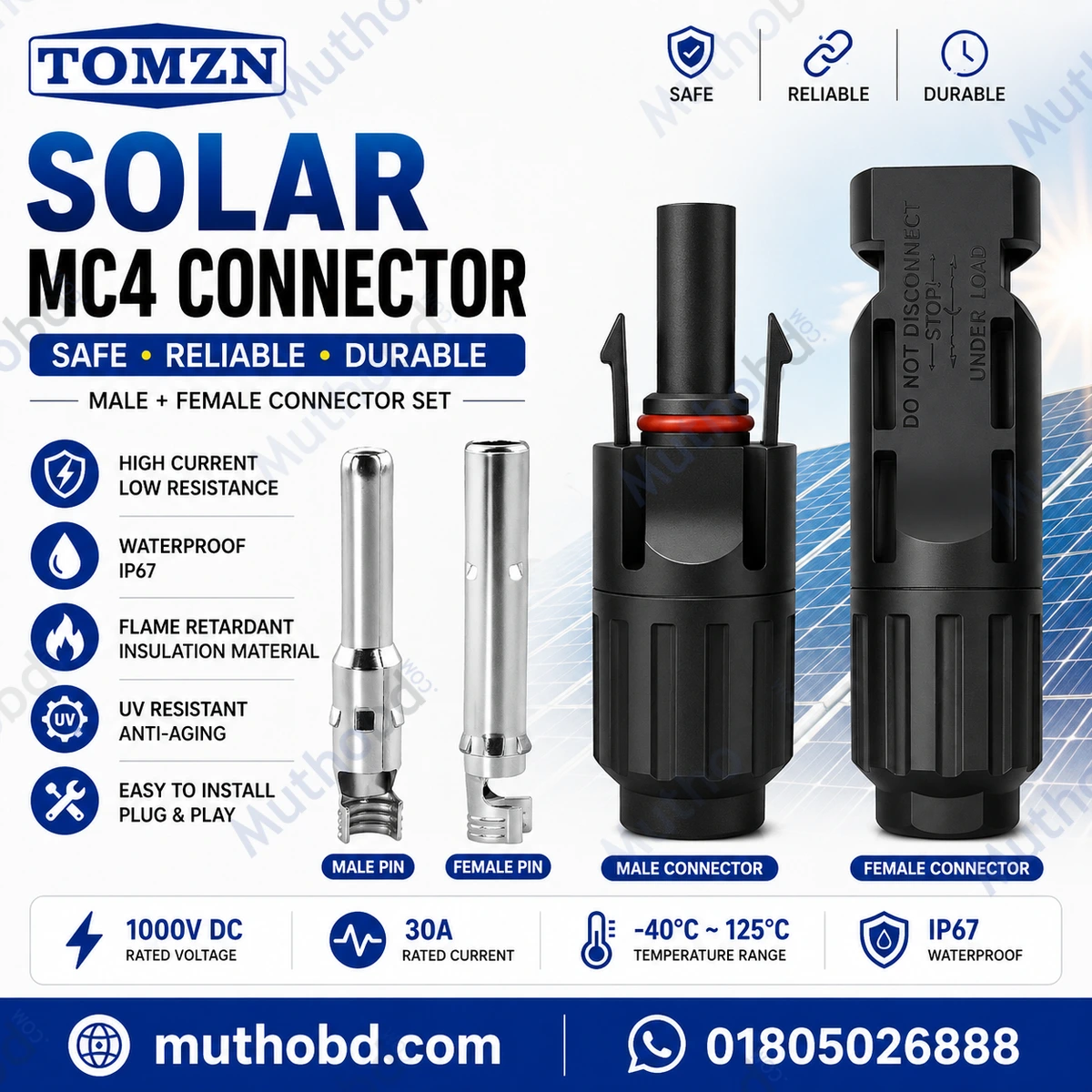TOMZN MC4 Solar Connector 32A 1000V DC (2 Sets Pack)