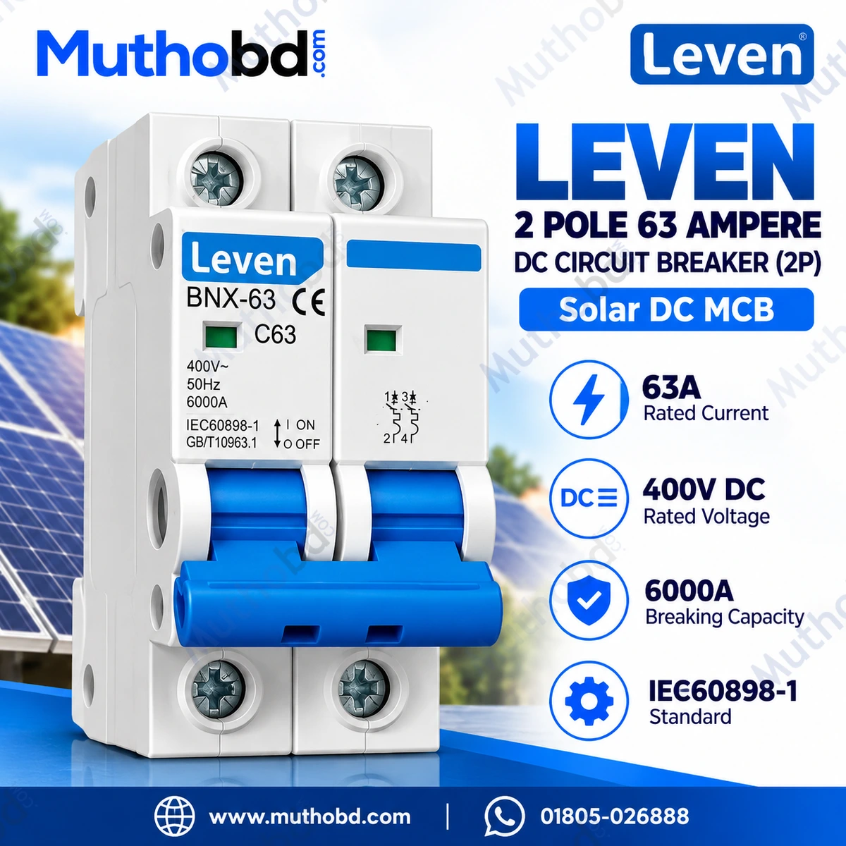 LEVEN 2 Pole 63 Ampere DC Circuit Breaker (2P) – Solar DC MCB