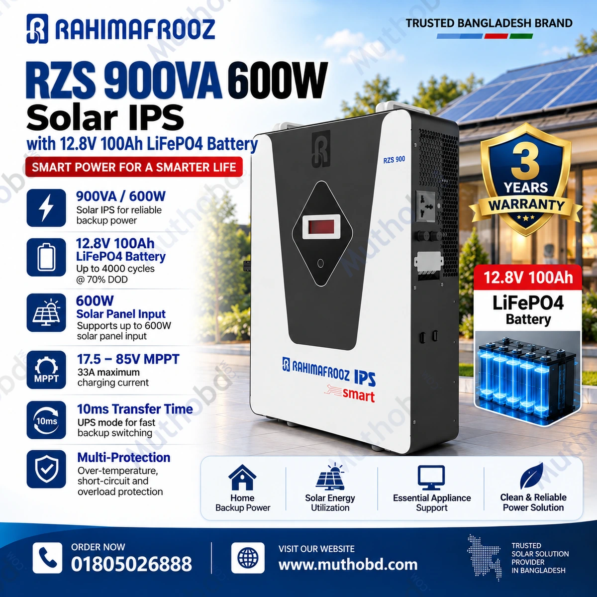 Rahimafrooz RZS 900VA 600W Solar IPS with 12.8V 100Ah LiFePO4 Battery