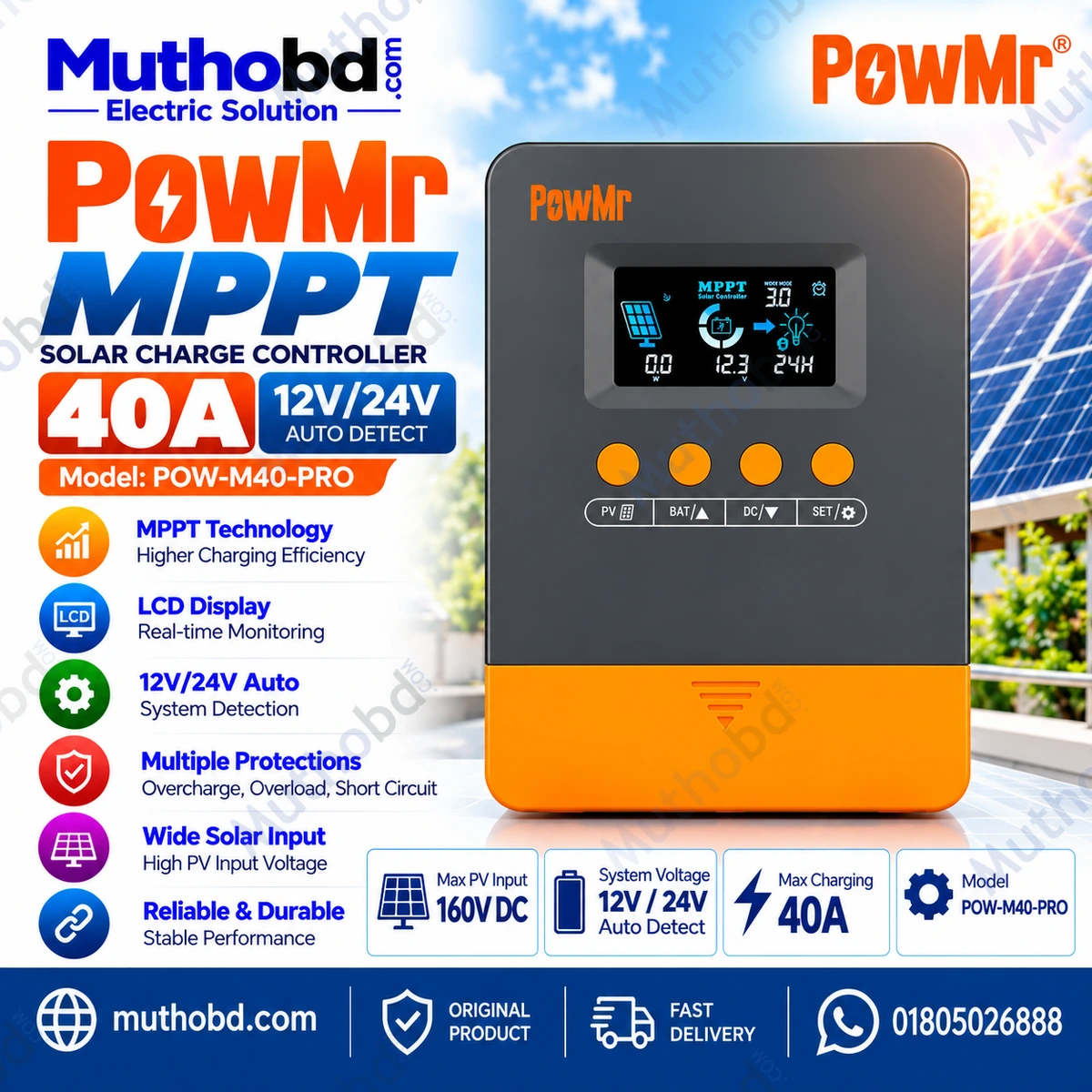 PowMr 40A MPPT Solar Charge Controller for 12V/24V Battery Systems