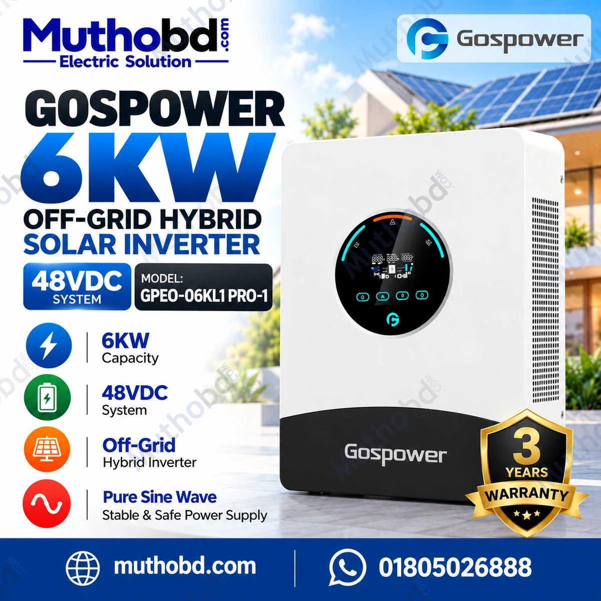 Gospower 6KW Off Grid Hybrid Solar Inverter 48V – GPEO-06KL1 PRO-1