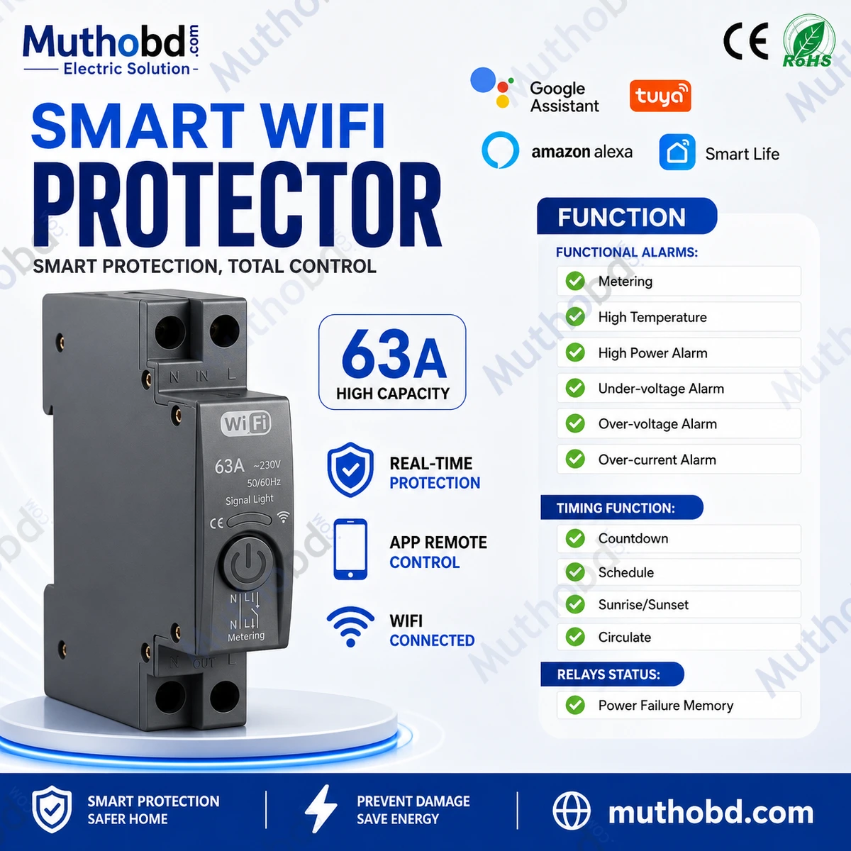 Premium Smart WiFi Circuit Breaker With Energy Meter | Premium Copper Contact | Voltage & Current Protection | Tuya App Control | 63A